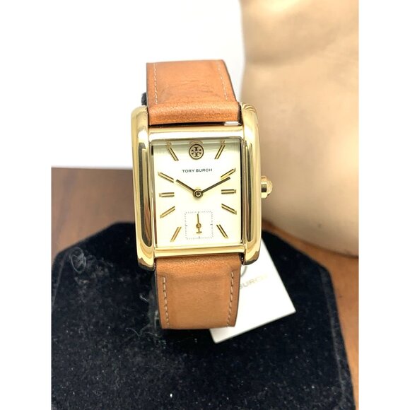 Tory Burch Women\'s Watch TBW1068 Tank Cream Dial Gold Quartz Brown Leather Band
